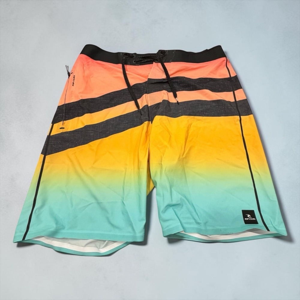 Rip Curl Mirage Board Shorts Mens 34 Orange Yellow Teal Striped Surf Grip CBOPY9